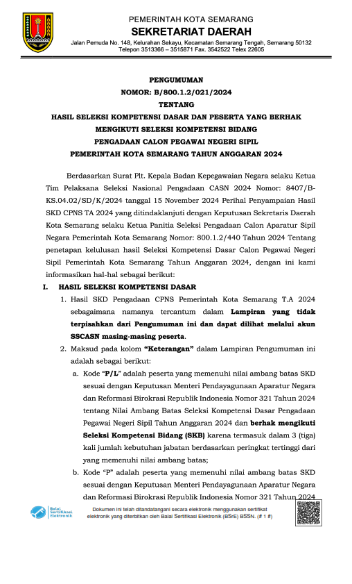 Hasil Seleksi Kompetensi Dasar dan Peserta yang Berhak Mengikuti Seleksi Kompetensi Bidang Pengadaan Calon Pegawai Negeri Sipil Pemerintah Kota Semarang Tahun Anggaran 2024